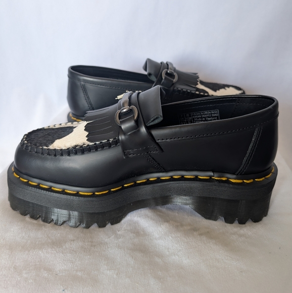 Dr. Martens Adrian Snaffle Quad Black/White Cow Print Horsebit Leather Loafers - Picture 13 of 14